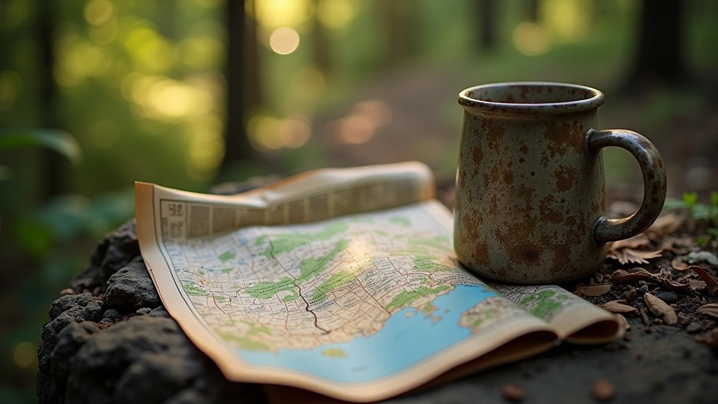 Cestovní plán s mapou, doklady a cestovní taškou na stole